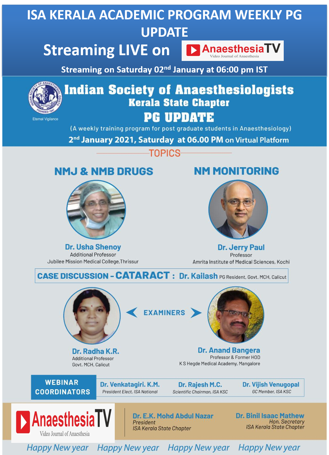 Indian Society of Anaesthesiologists ( ISA ) , Kerala State Chapter PG UPDATE on 2nd Jan 2021 at 6 pm IST