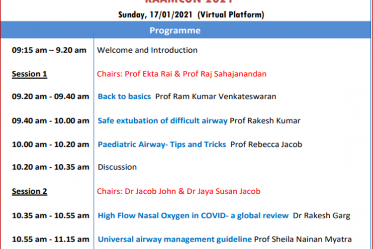 KOCHI ADVANCED AIRWAY MANAGEMENT CONFERENCE 2021 (KAAMCON 2021) on Sunday 17th Jan 2021 at 9:15 am IST