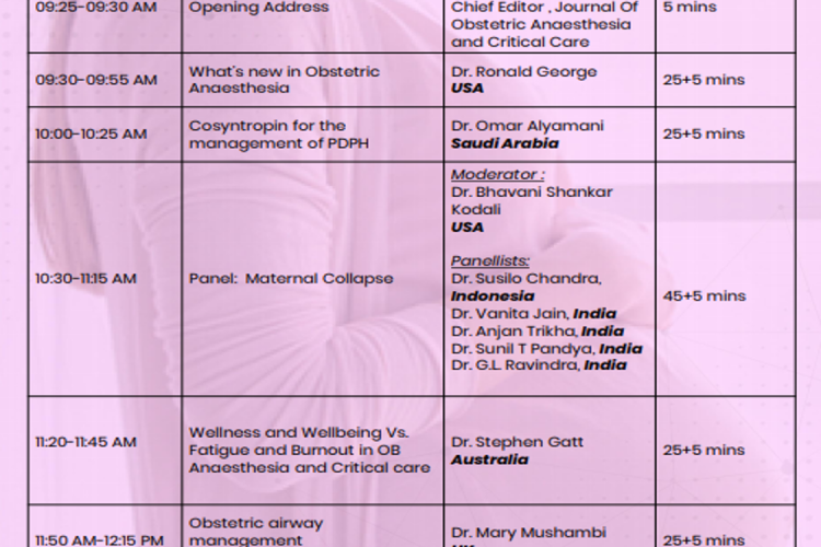 Association of Obstetric Anaesthesiologists ( AOA ) WEBCON 2021 on MATERNAL SAFETY : Ensure and implement : Day 2 : Date: Sunday 10th ( 9:20 am to 5:00 pm ) January 2021