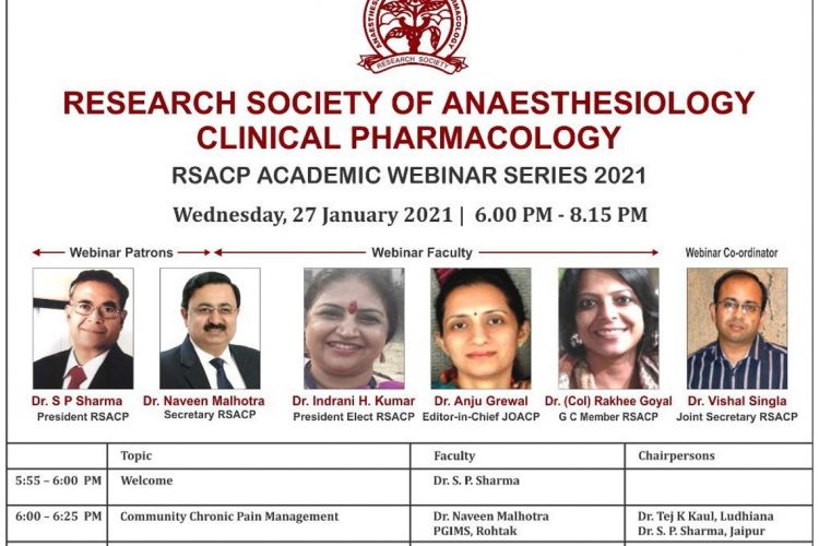 RESEARCH SOCEITY OF ANAESTHESIOLOGY CLINICAL PHARMACOLOGY ( RSACP ) Present’s  Academic Webinar Series 2021