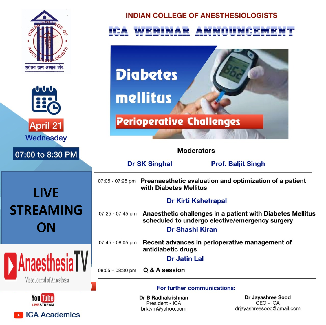 INDIAN COLLEGE OF ANESTHESIOLOGISTS ( ICA ) Presents Webinar on “DIABETES MELLITUS PERIOPERATIVE CHALLENGES”