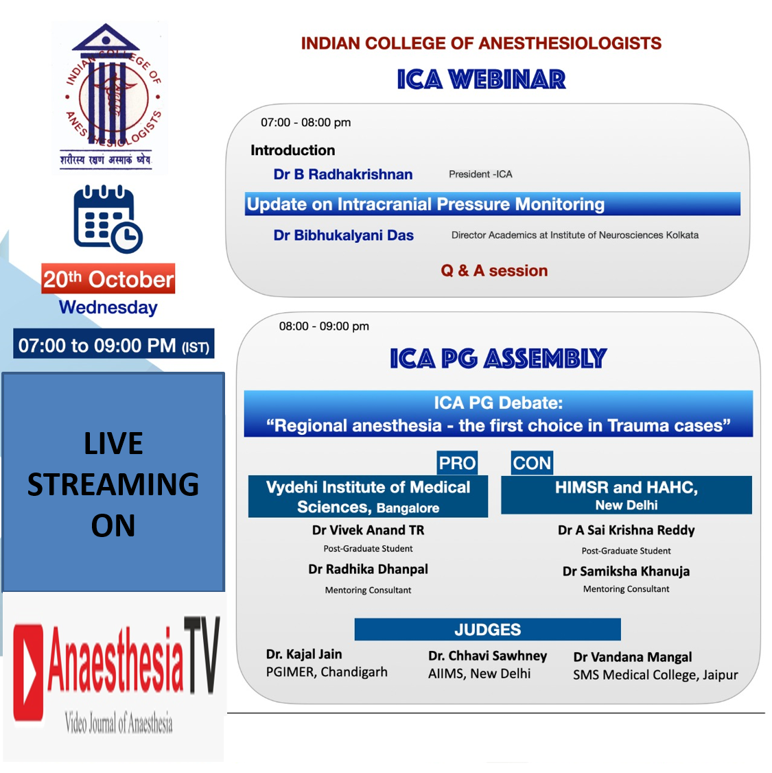 Update on Intracranial Pressure Monitoring and ICA PG Debate : Regional Anaesthesia – The first choice in Trauma cases